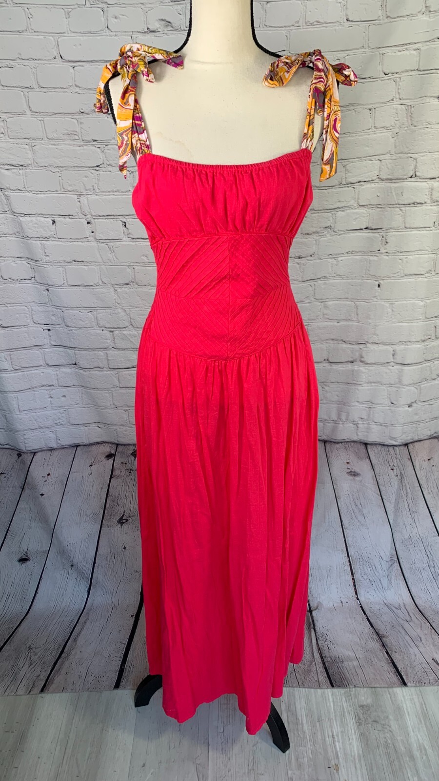 NWT $ 148 Free People Hot Hibiscus Santorini Maxi Dress Strapped Linen Rayon 4.