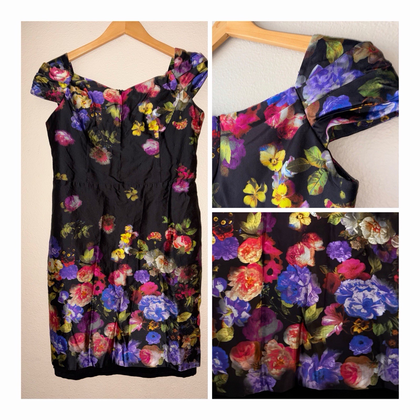 MILLY NY Satin Vibrant Watercolor Black Floral Dress Women’s Size 10 Sweatheart