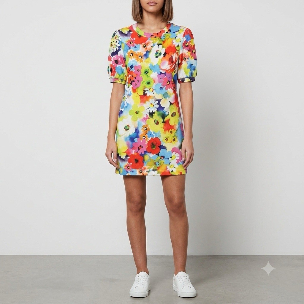Love Moschino Floral Multicolor Knit Shift Dress Puff Sleeve Logo Stretch US 2