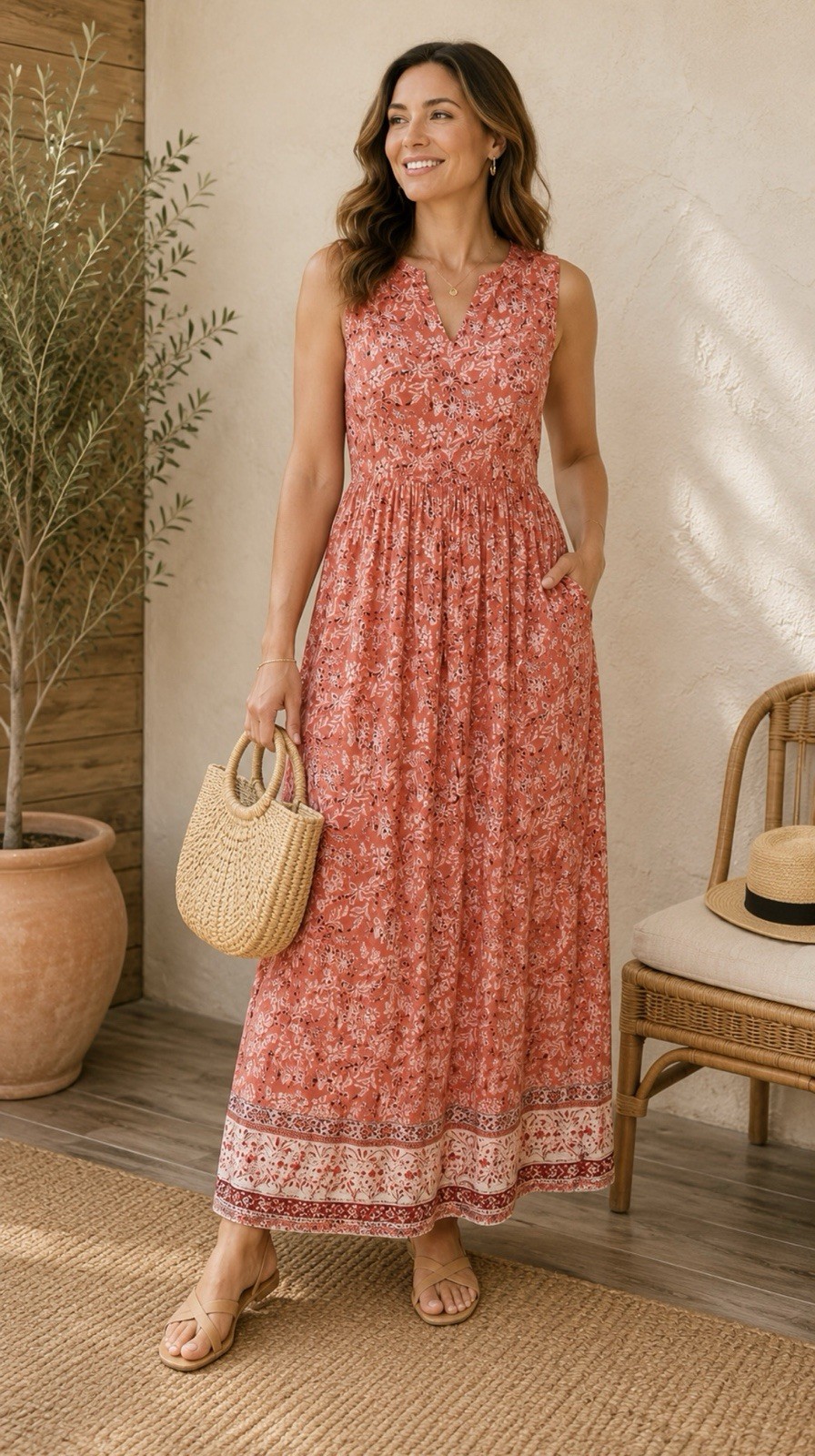 Beach Lunch Lounge Small Coral Floral Sleeveless Boho Maxi Dress Summer