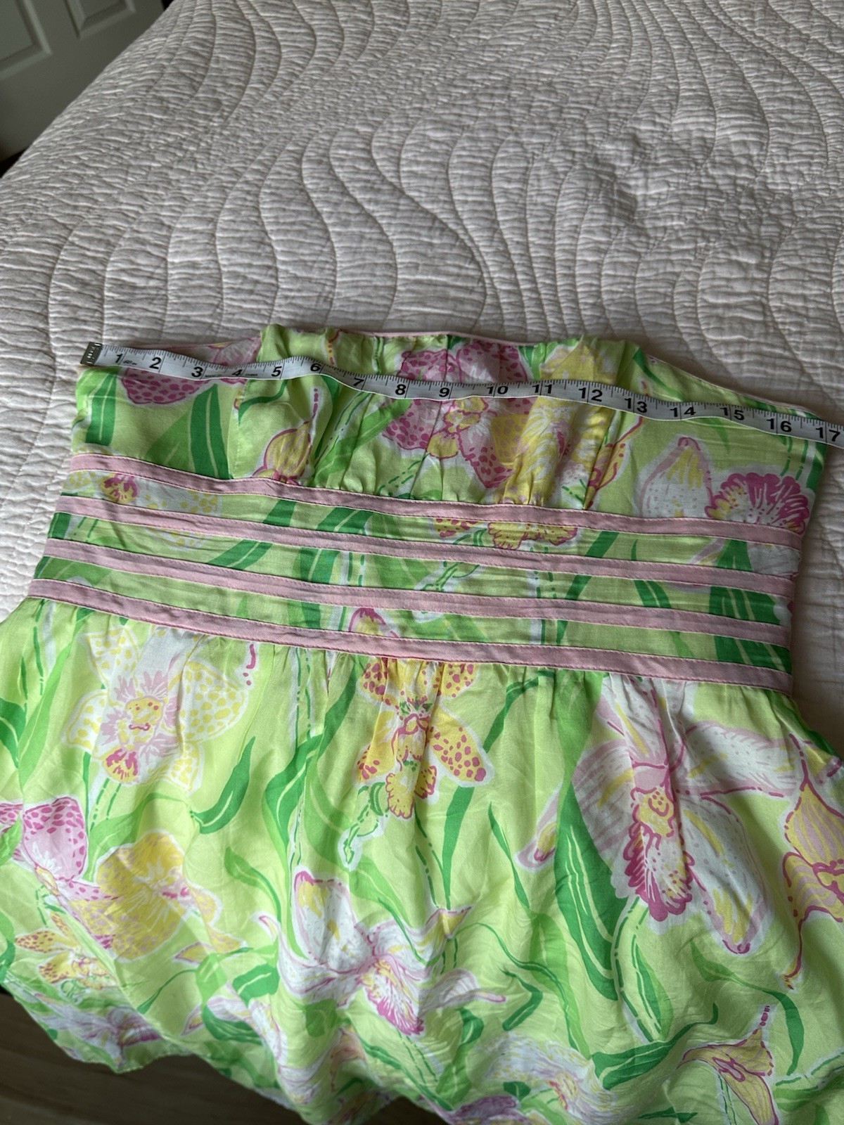 Green Pink Yellow White Floral A-Line Dress Sleeveless Strapless Lined Zip 2