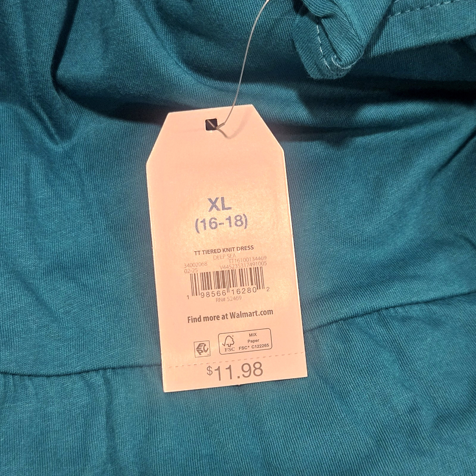 NWT Time and Tru Size XL Teal Tiered Knit Dress Pockets Round Neck Short Sleeves