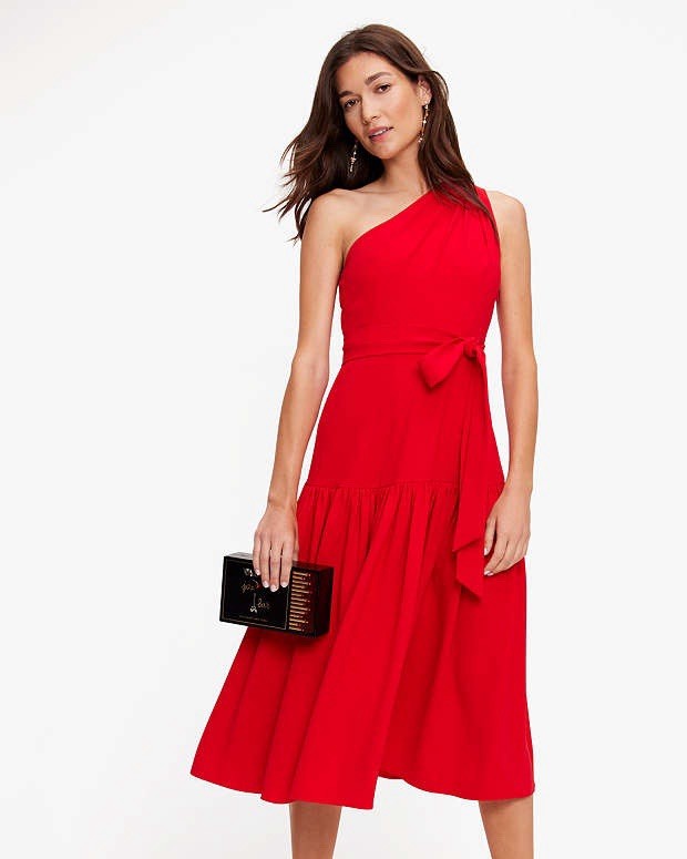 kate spade new york Red One Shoulder Midi Dress Fit & Flare Lined Zip Tie 2
