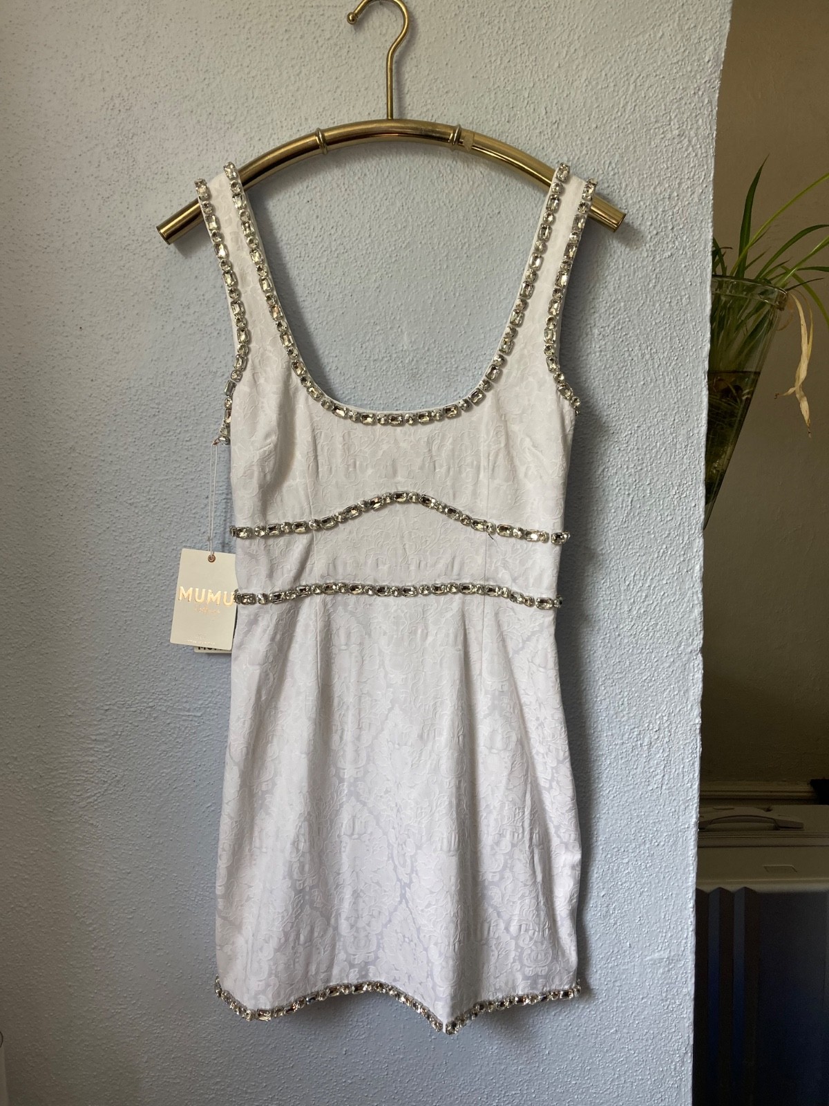 NWT Show Me Your Mumu Gina Rhinestone Jacquard Mini Dress – White – Size S NEW