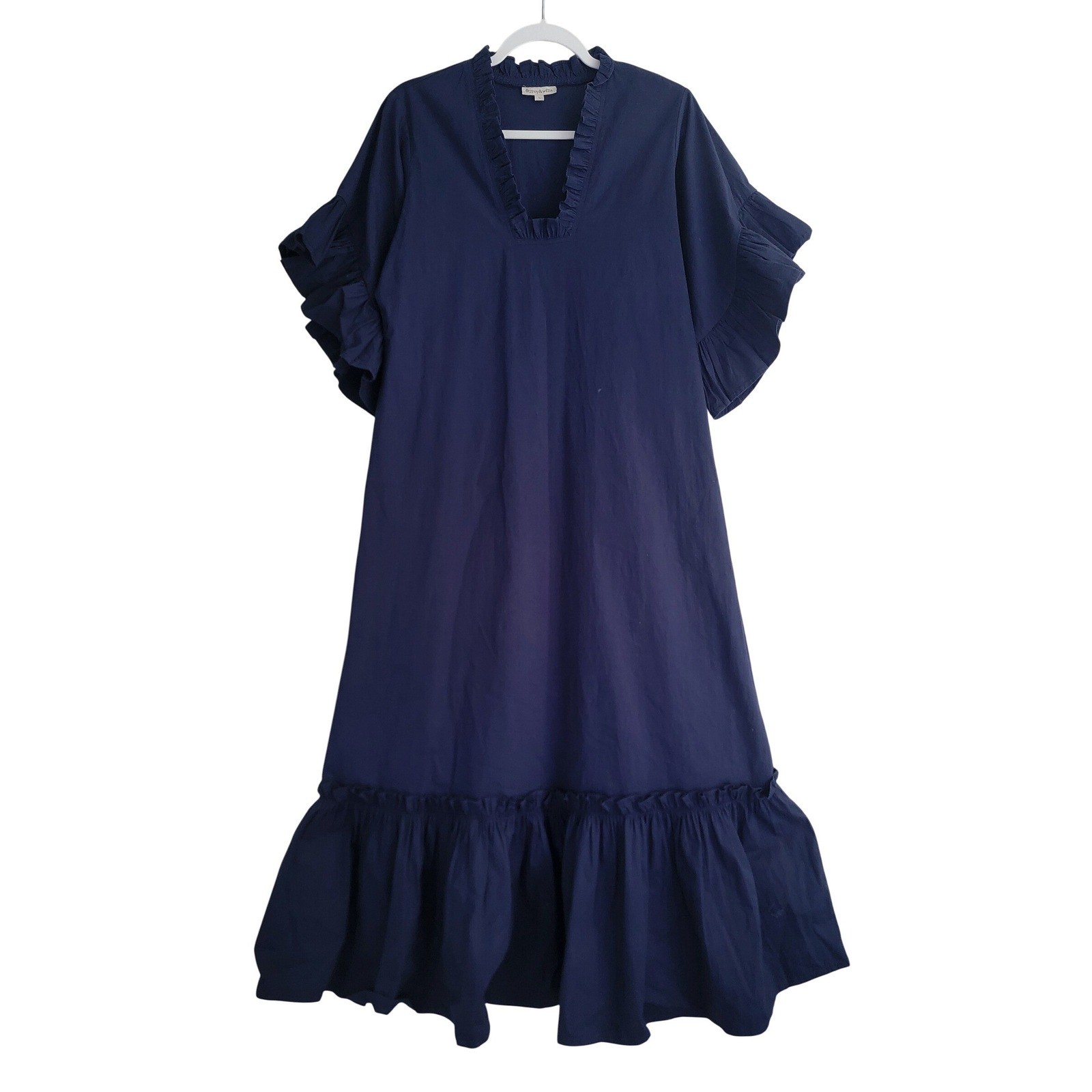 Fitzroy & Willa Navy Blue Cotton Soleil Flutter Sleeve Poplin Maxi Dress Large