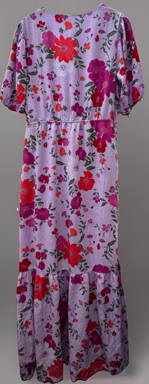 DRAPER JAMES PURPLE/MULTI-FLORAL VNECK SHORT SLEEVE MAXI DRESS SZ M