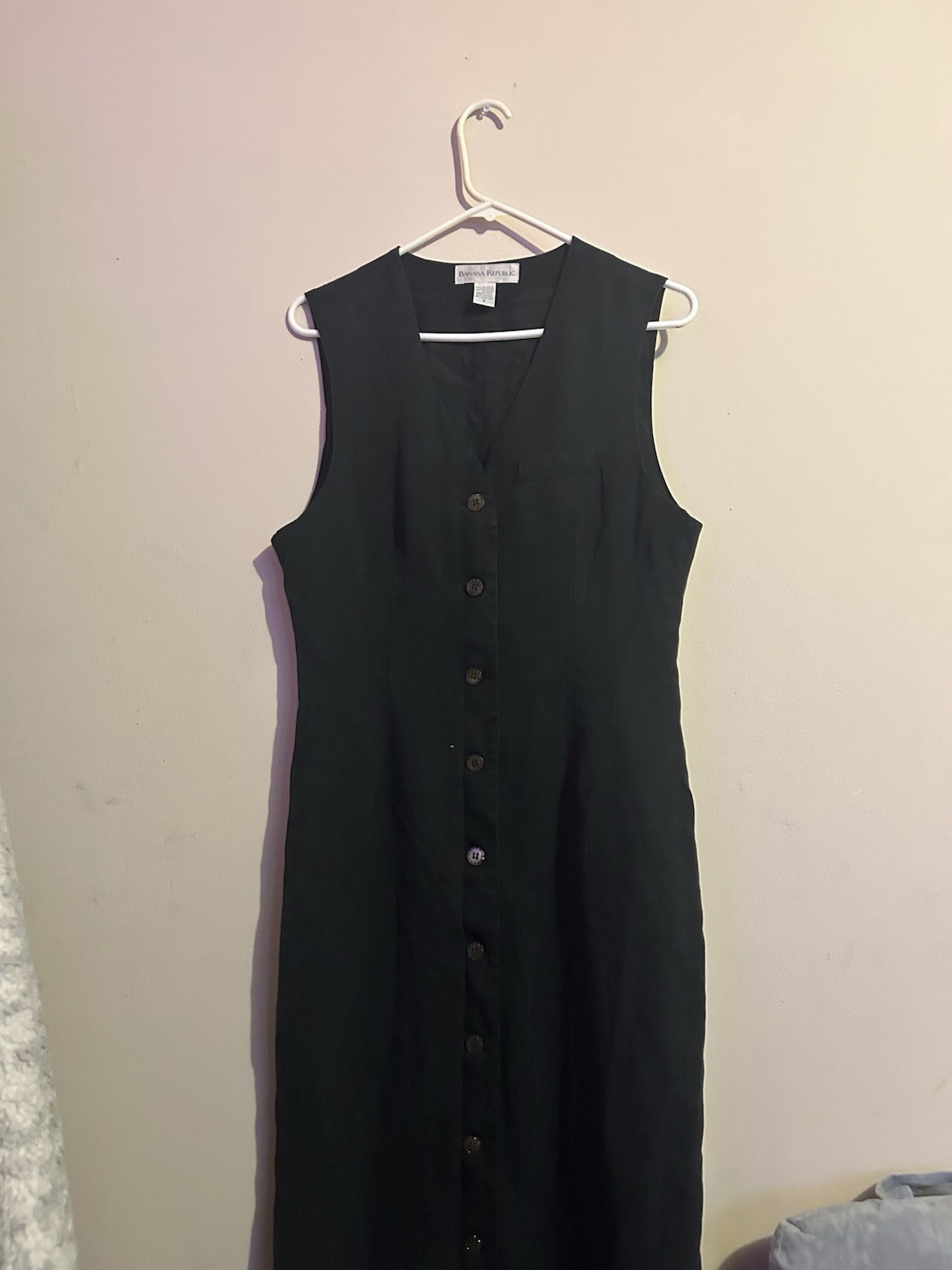Vintage Banana Republic Black Sleeveless V-Neck Button-Front Lined Maxi Dress S