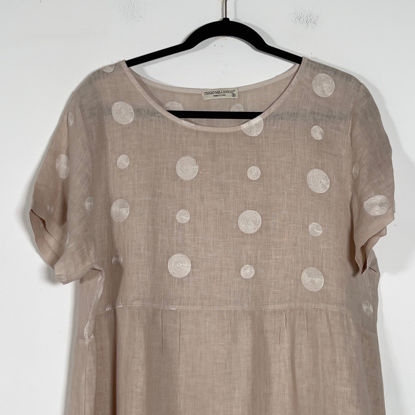 Terzo Millennio Linen Dress Womens Sz M Cream Polka Dot Cap SleeveLagenlook