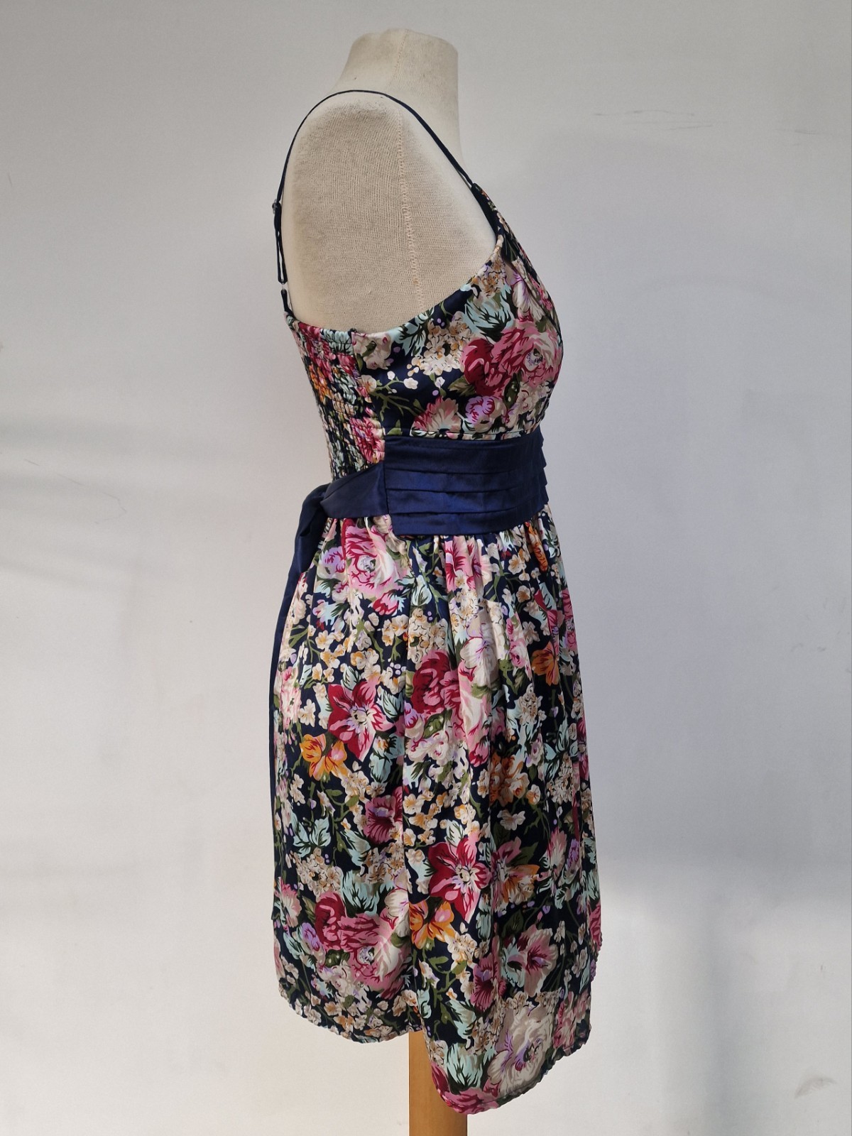 Gorgeous Satin Look Navy Blue Floral Dress Mela Love London Size Medium Occasion
