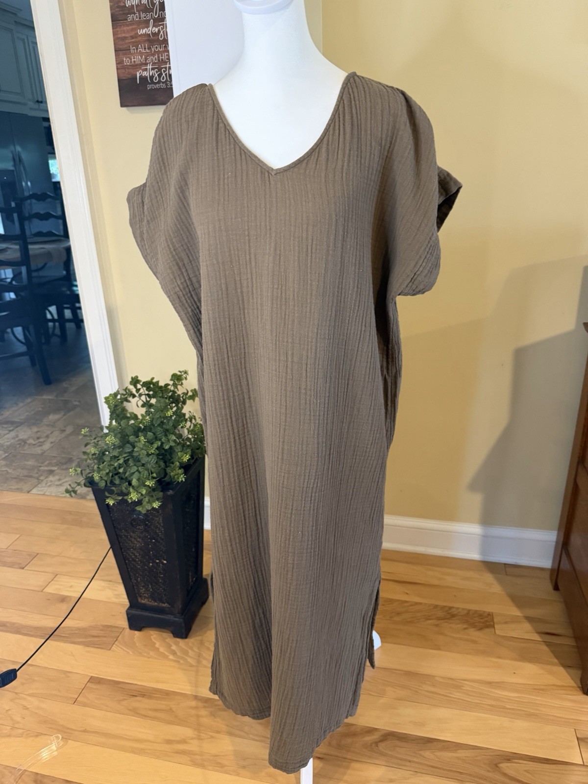 Eileen Fisher Casual V-Neck Textured Cotton Gauzy Midi Dress Olive Gray Brown