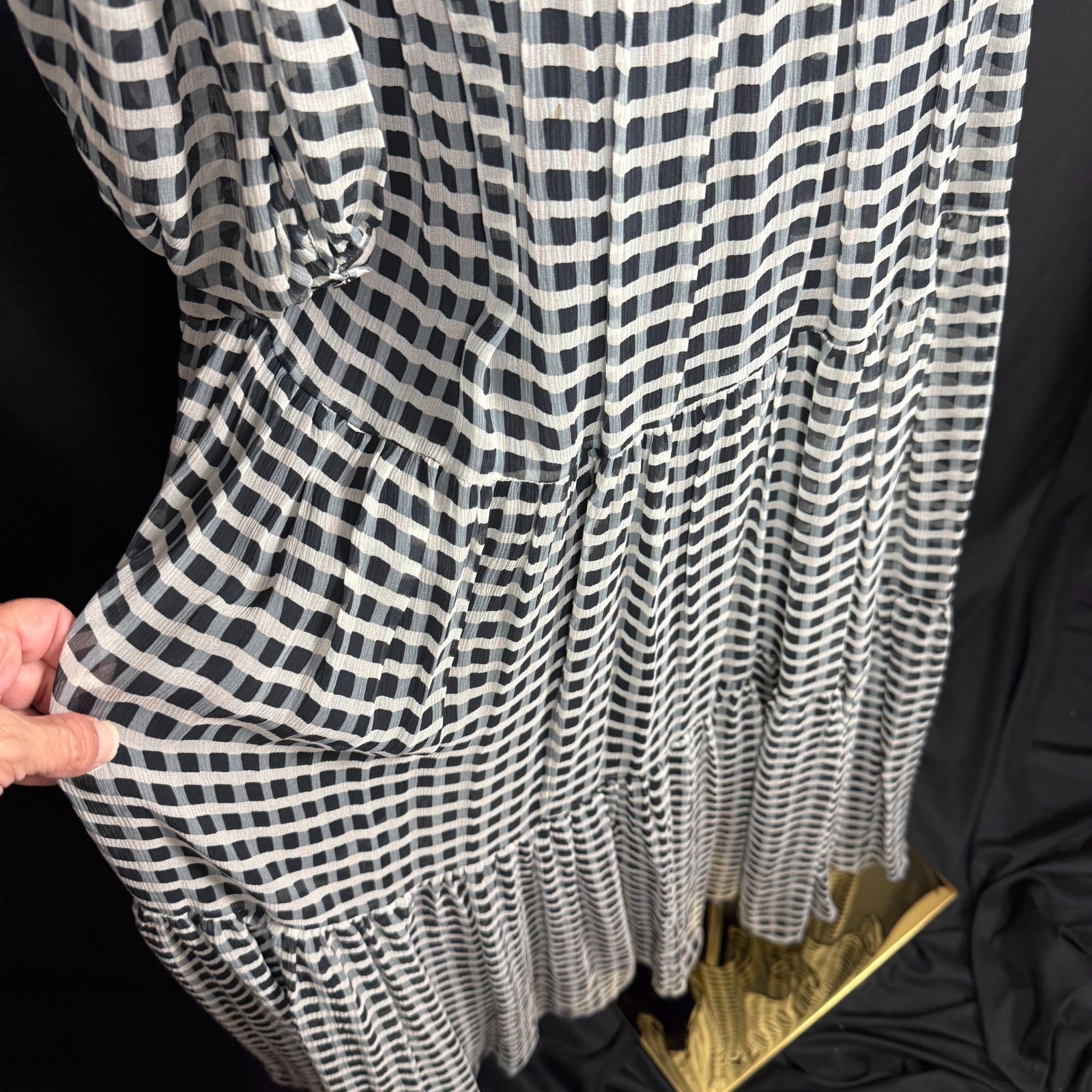 Joie Tobey Sz XXS Boho Black Cream 100% Silk Check Maxi Dress Oversized Sold Out