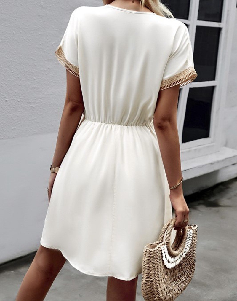 V NECK Summer DRESS WOMEN Short Sleeve Casual Solid Color Ruffle Midi Dresses