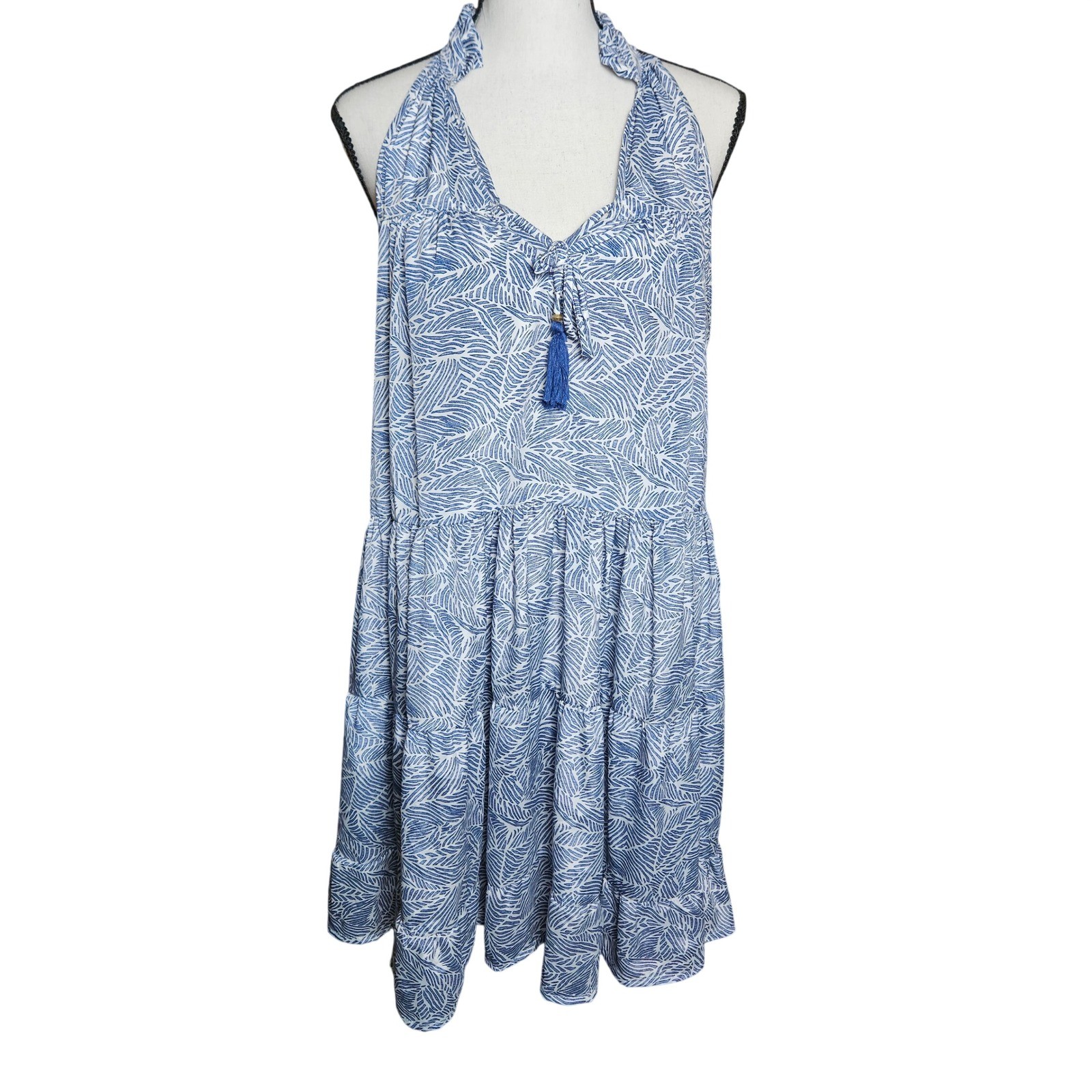 Fab’rik Blue White Tropical Leaf Halter Mini Dress Tassel Tiered Size Medium