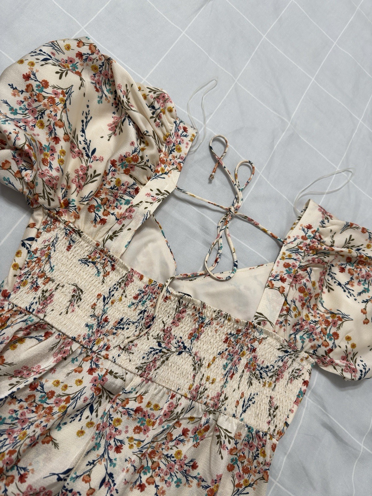 A.U.W Cream Multicolor Floral Mini Dress M Puff Sleeve Square Neck Smocked Tie