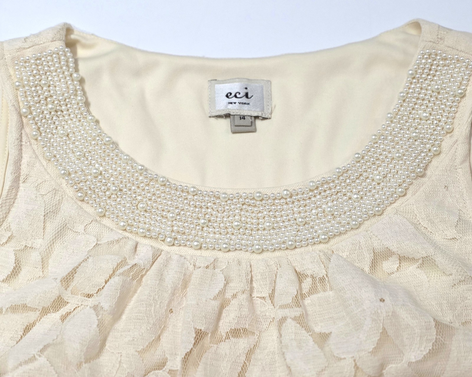 ECI New York NWT Ivory Lace Sheath Dress Beaded Neck Sleeveless Size 14 $148