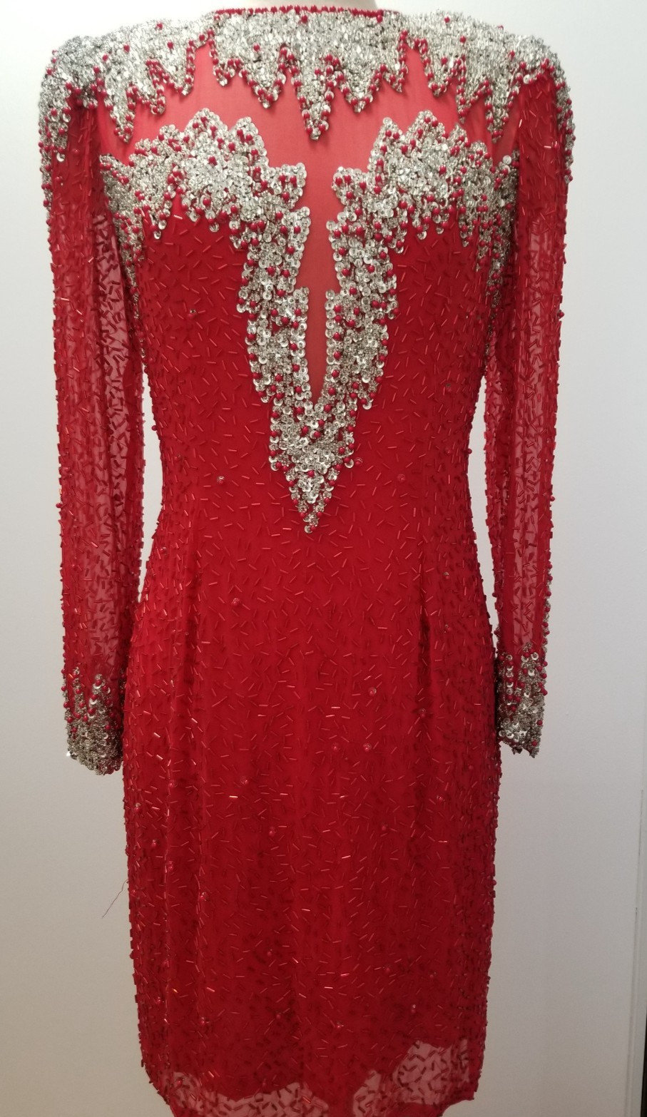 Red and silver beaded and Sequined long sleeve cocktail dress