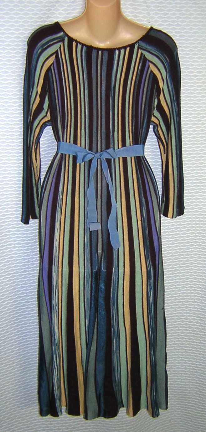 Women’s UNIQUE Blue Brown Cream STRIPED CUT FABRIC Cotton Blend DRESS S/M