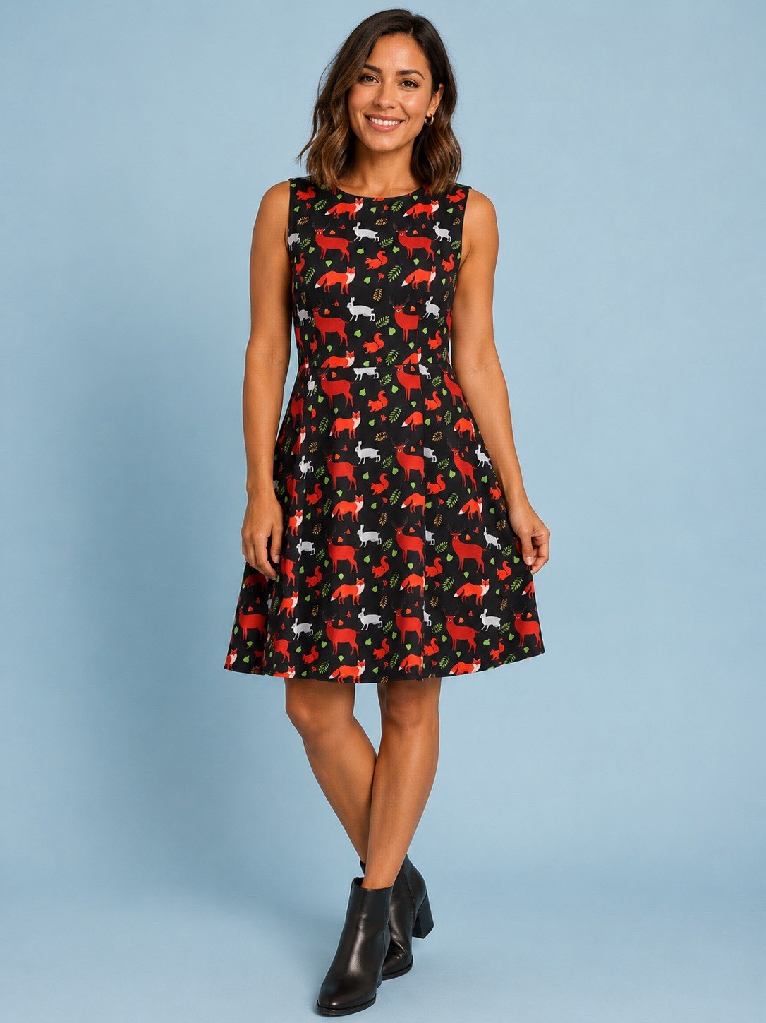 Paper Plane London Whimsical Animal Print Dress L Black / Foxes/Rabbits/Leaves