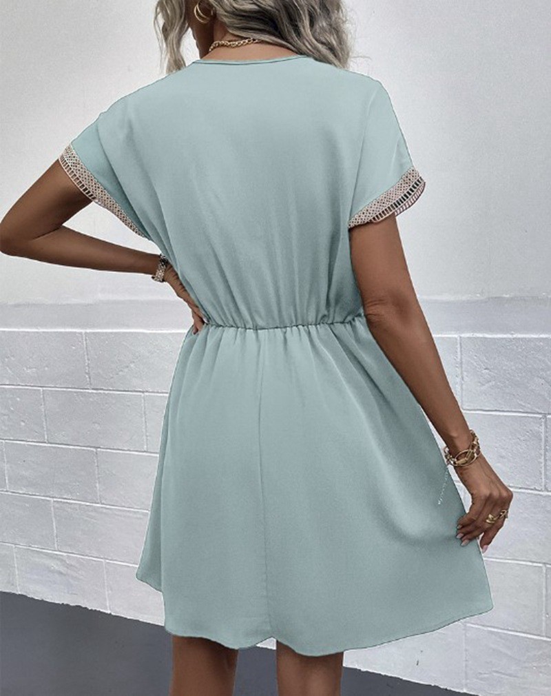 V NECK Summer DRESS WOMEN Short Sleeve Casual Solid Color Ruffle Midi Dresses