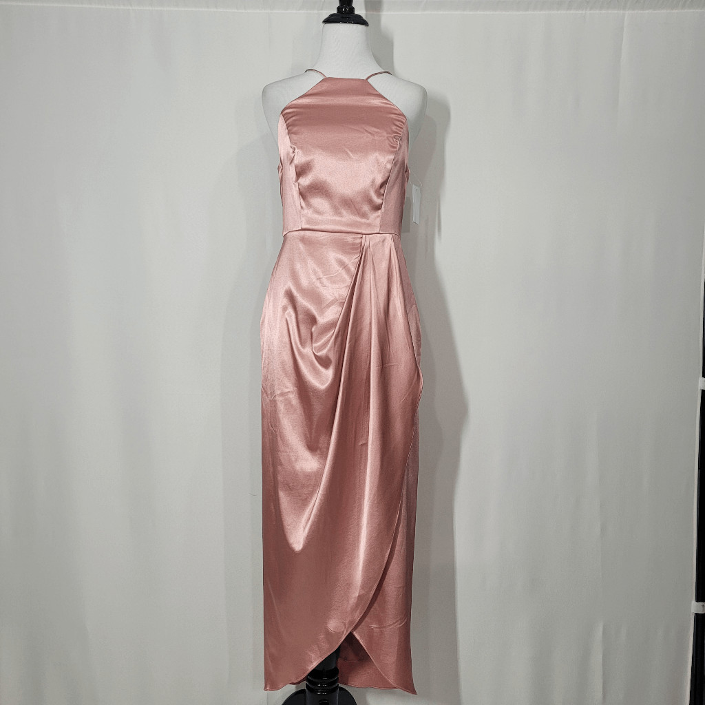After Six 6829 Desert Rose Halter Midi Dress with Draped Tulip Skirt Size 8R