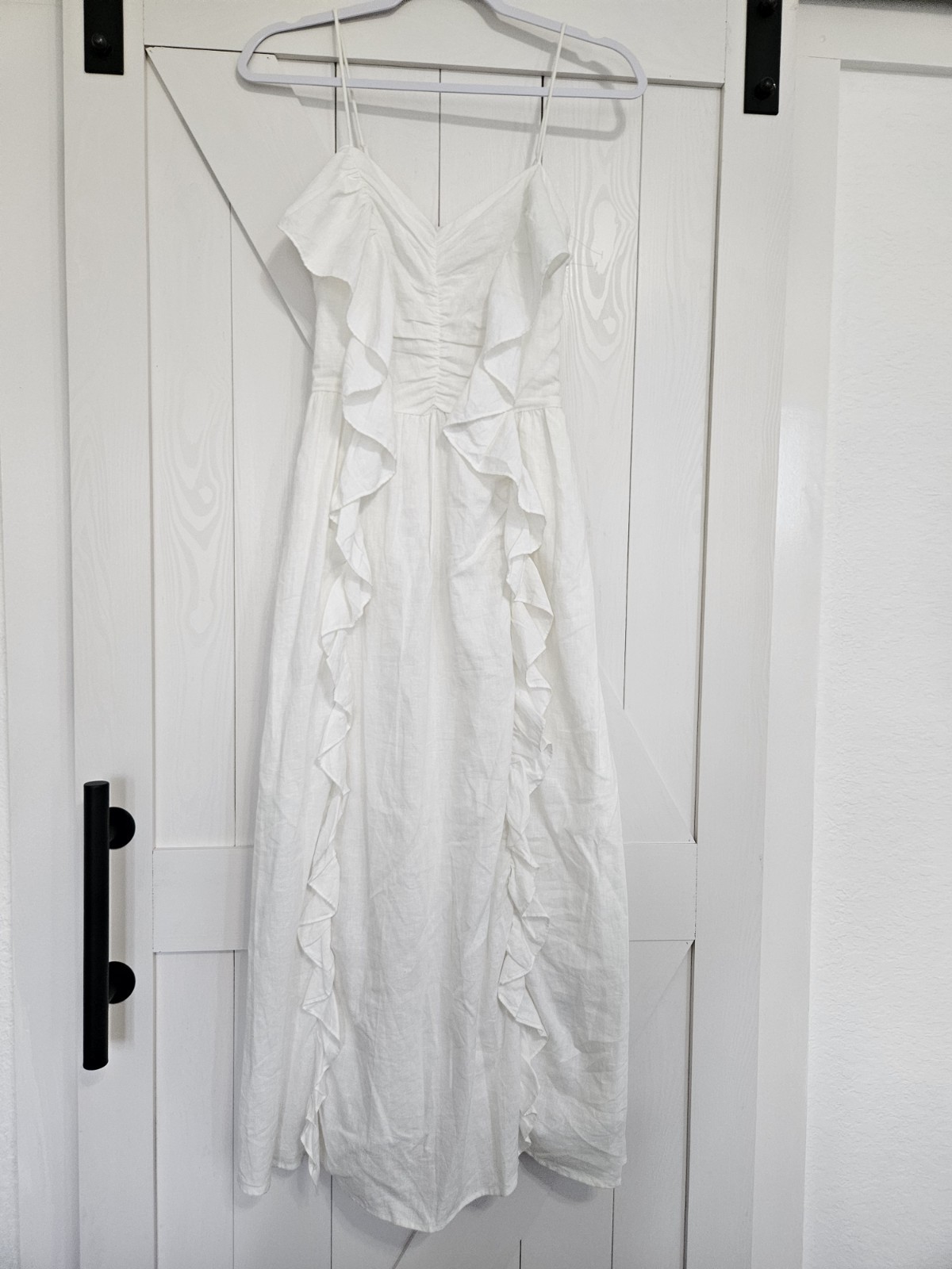 H&M white summer midi dress, ruched bodice and ruffles (size XS)