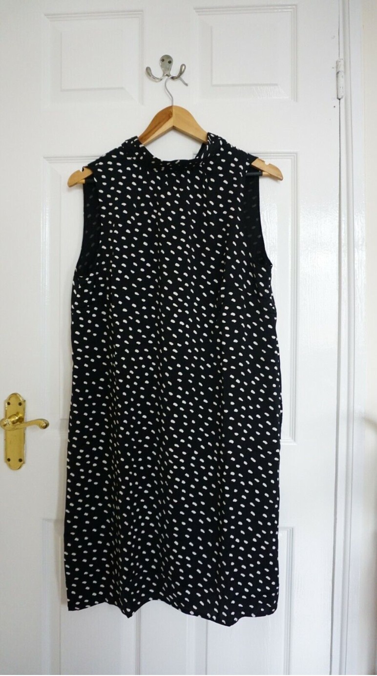 H&M Satin Black Spotted Dress Polka Dot Draping Pleated Ties Skirt M BNWT