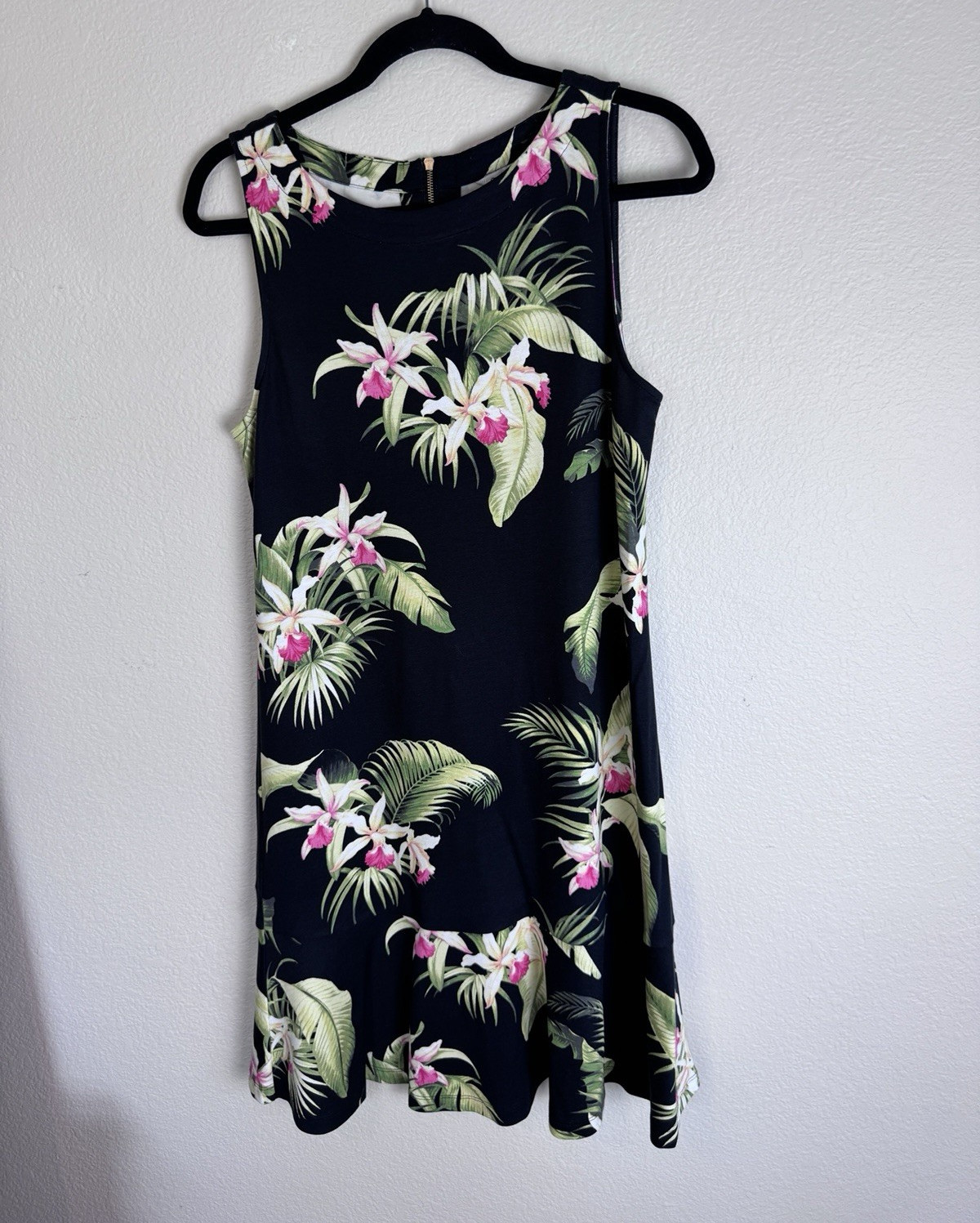 Tommy Bahama M Black Tropical Floral Shift Dress Sleeveless Knee Zip Stretch