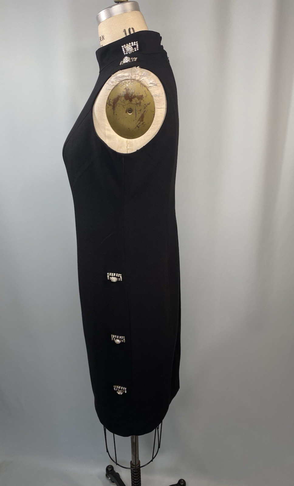 TERI JON Vintage Dress SIZE 6 SMALL black sheath high neck LBD rhinestone
