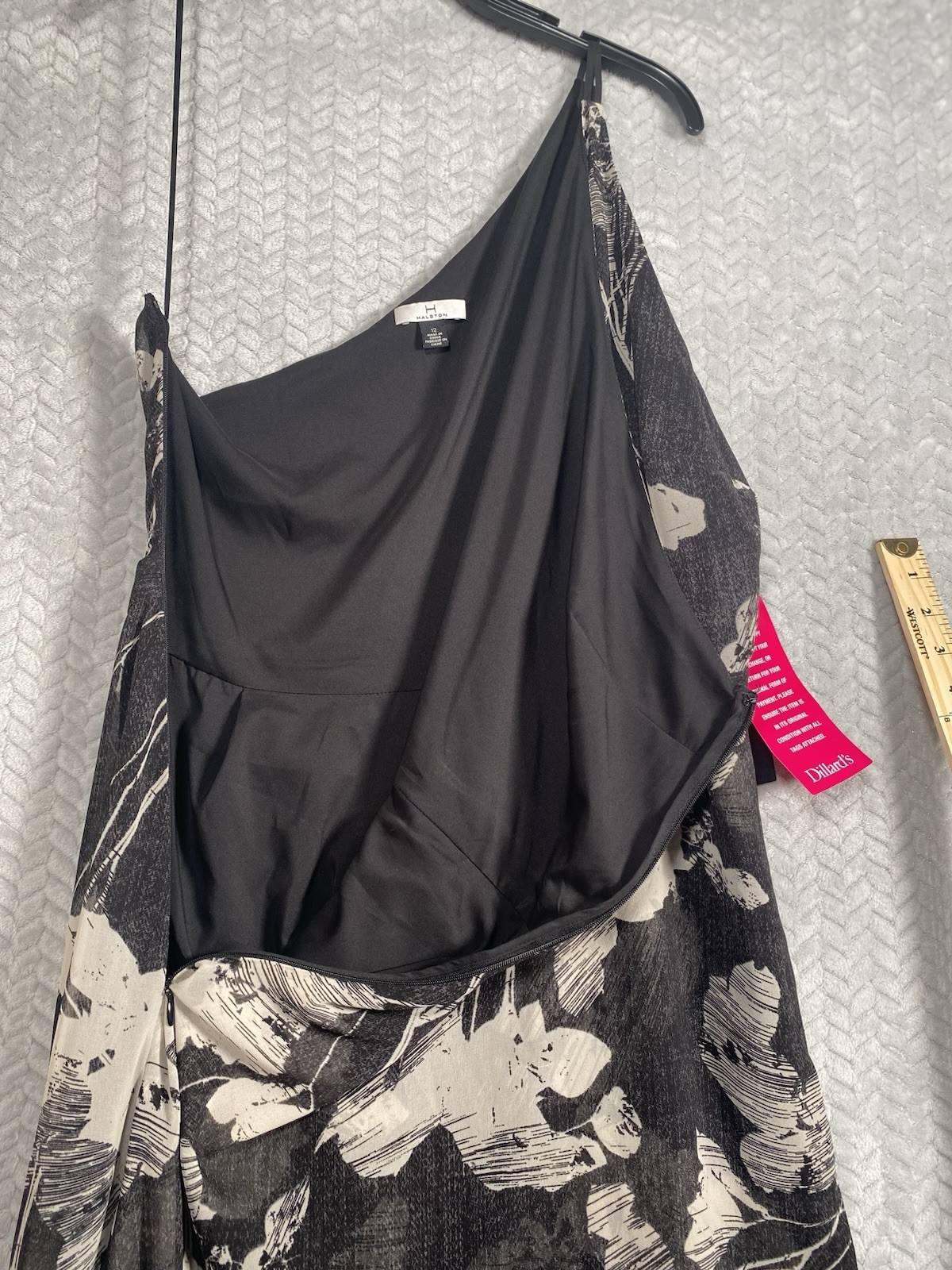 NWT H by Halston One Shoulder High Low Dress 12 Black White Floral Cocktail Gown
