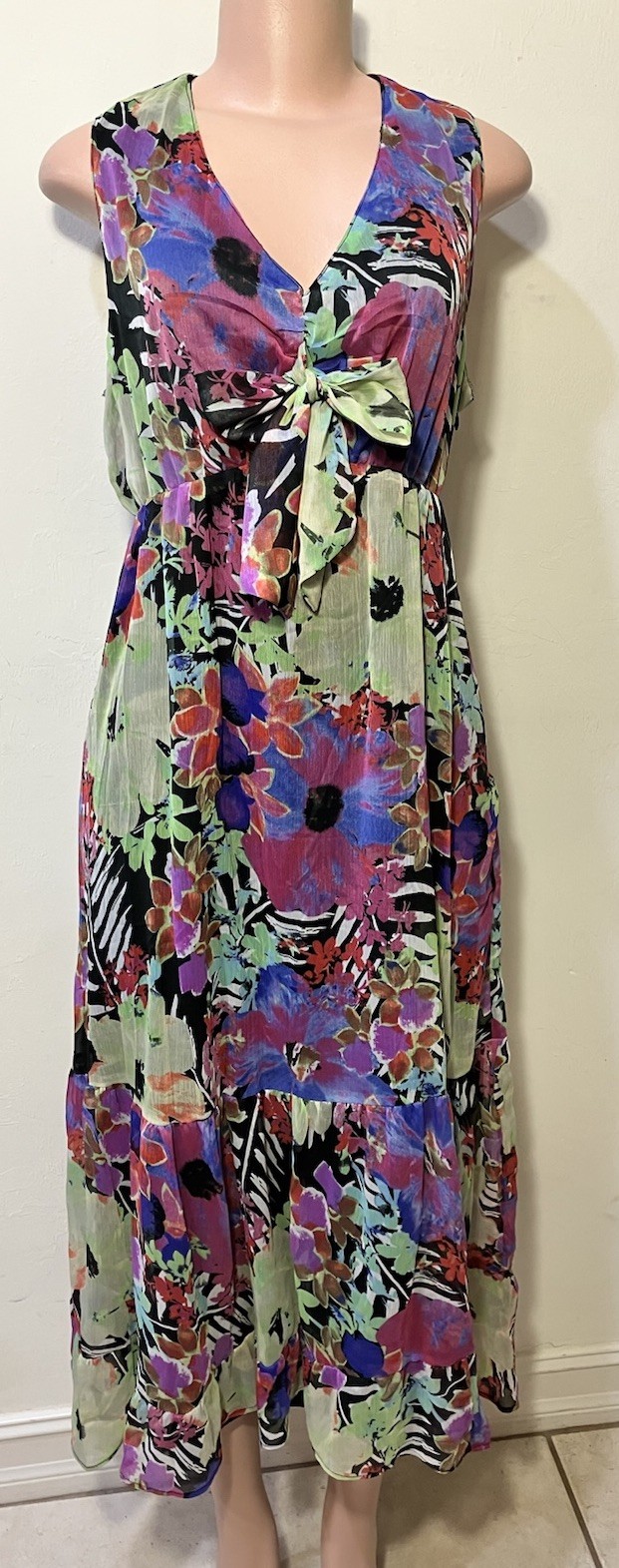 Klozlyne Floral Gauze Dress Ankle Length Tiered XL EUC