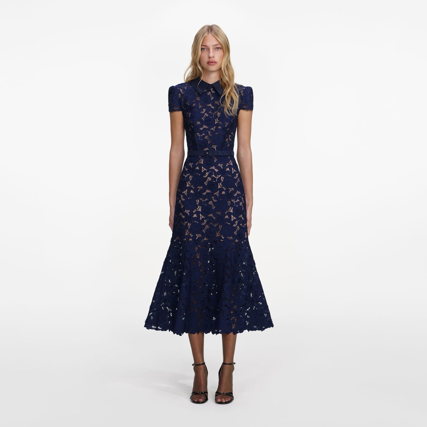 Self Portrait NAVY GUIPURE LACE MIDI DRESS