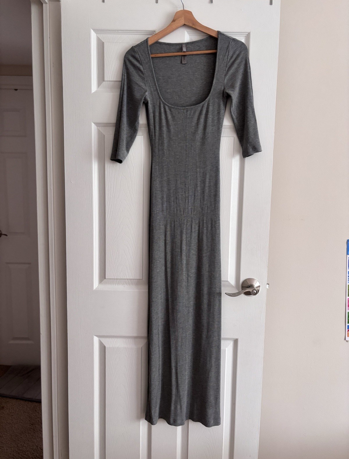 Splendid Gray Ribbed Knit Scoop Neck 3/4 Sleeve Stretch Maxi Dress S