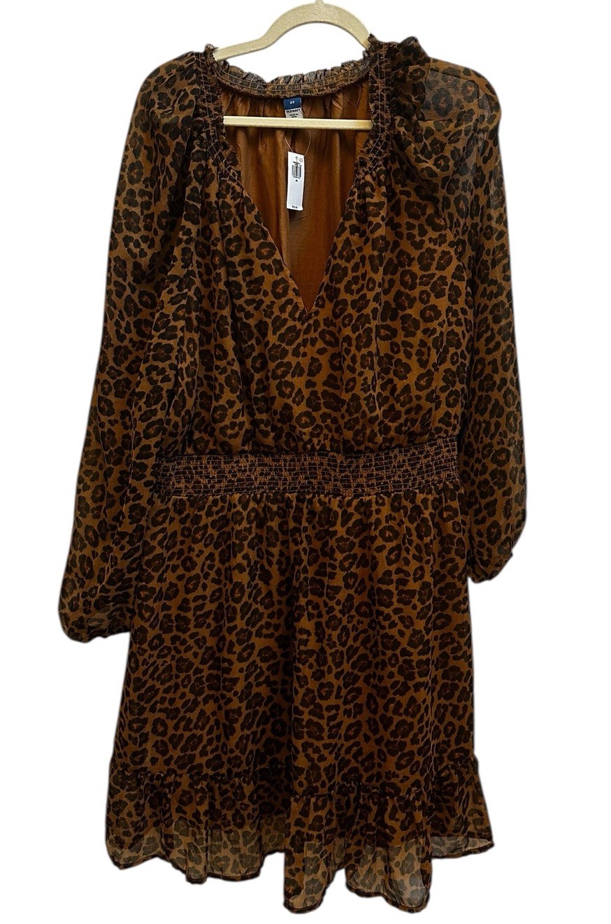 Old Navy Animal Print Chiffon Mini Dress LS Leopard Elastic Waist NWT Sz 2X