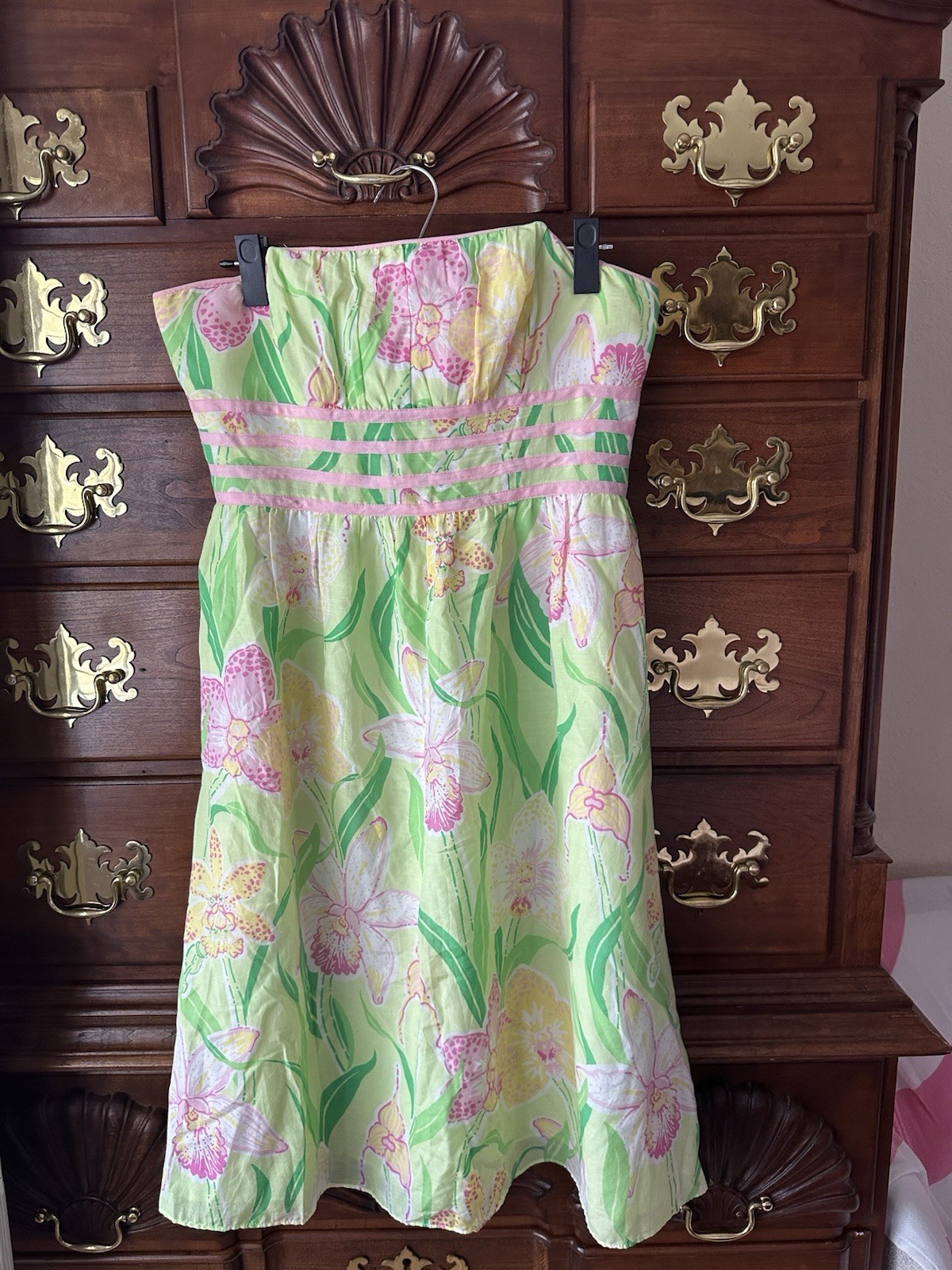 Green Pink Yellow White Floral A-Line Dress Sleeveless Strapless Lined Zip 2