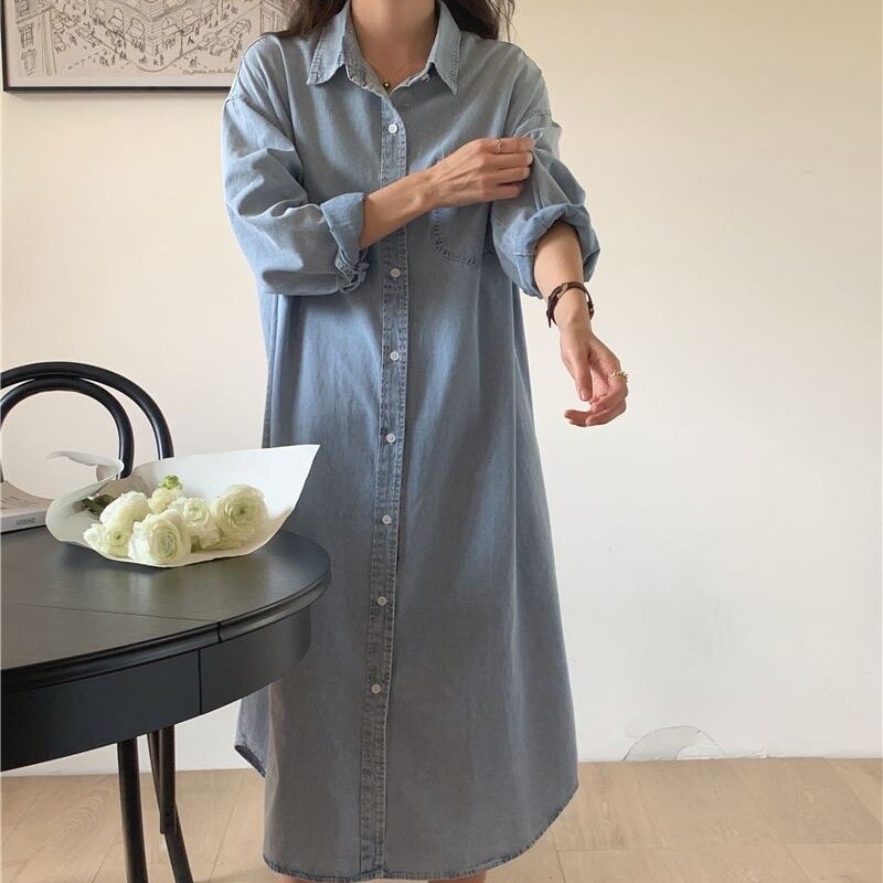 Womens Faux Denim Single Breasted Lapel Collar Long Sleeves Casual Shirt Dress