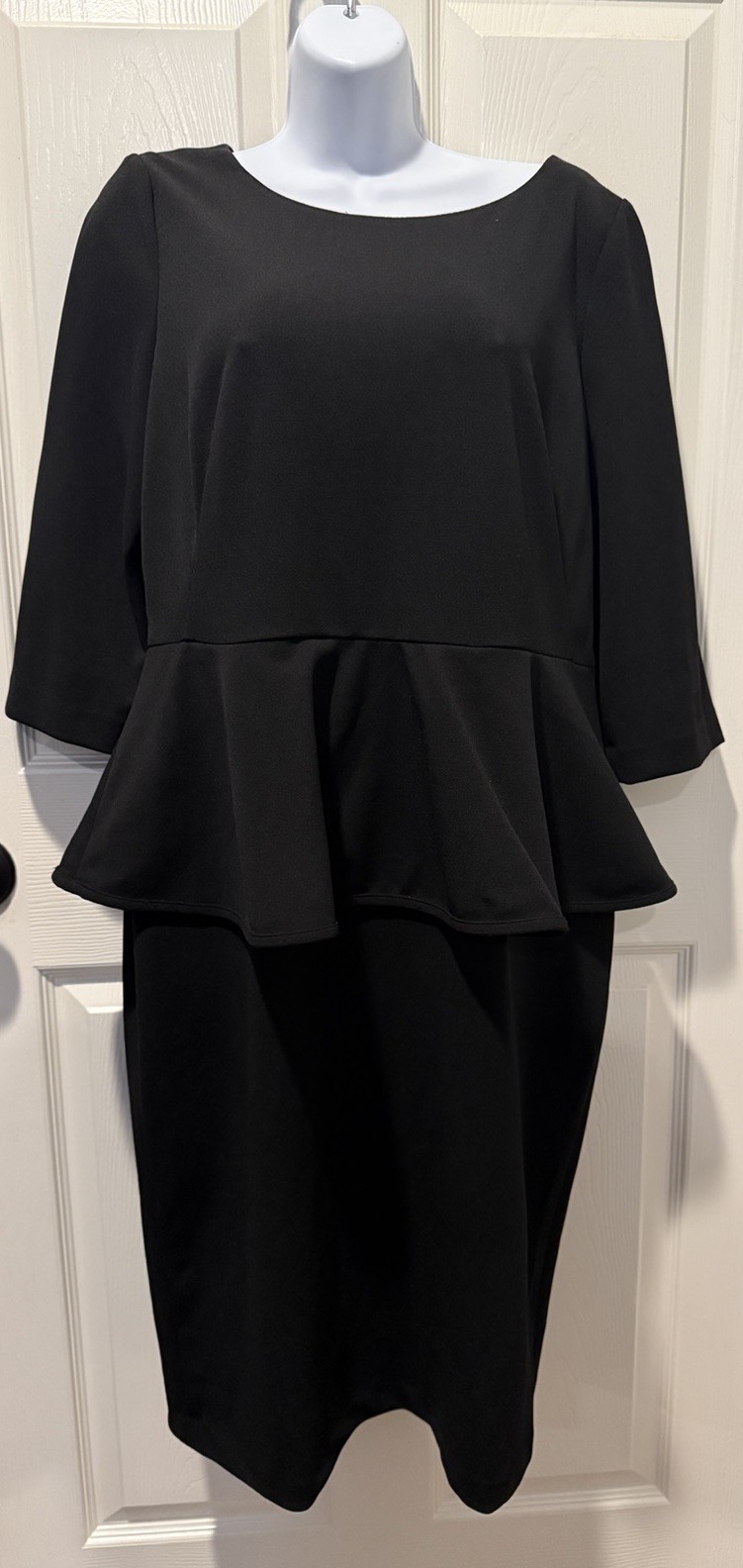 Calvin Klein Black Peplum Ruffle Sheath Dress 3/4 Sleeve Zipper Size 14