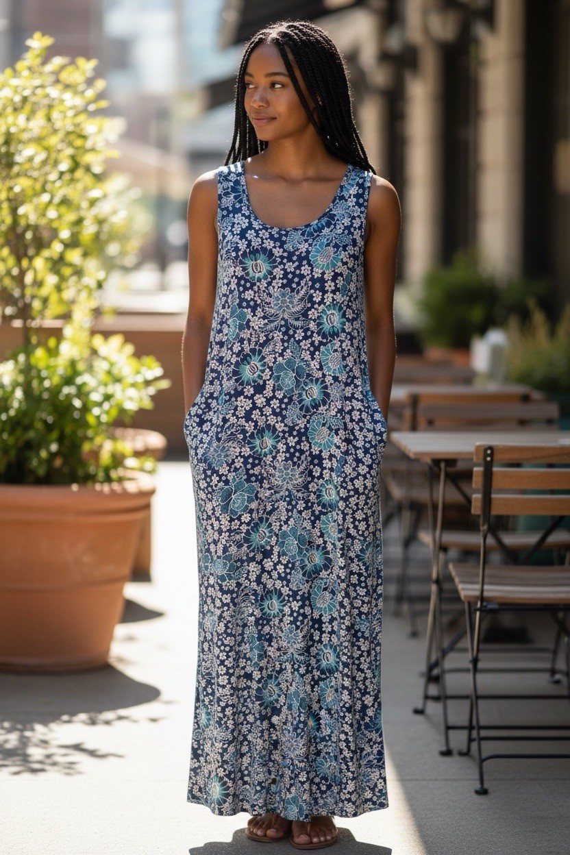 J Jill Sleeveless Blue Floral Maxi Dress Size Small Stretch Boho Cottagecore