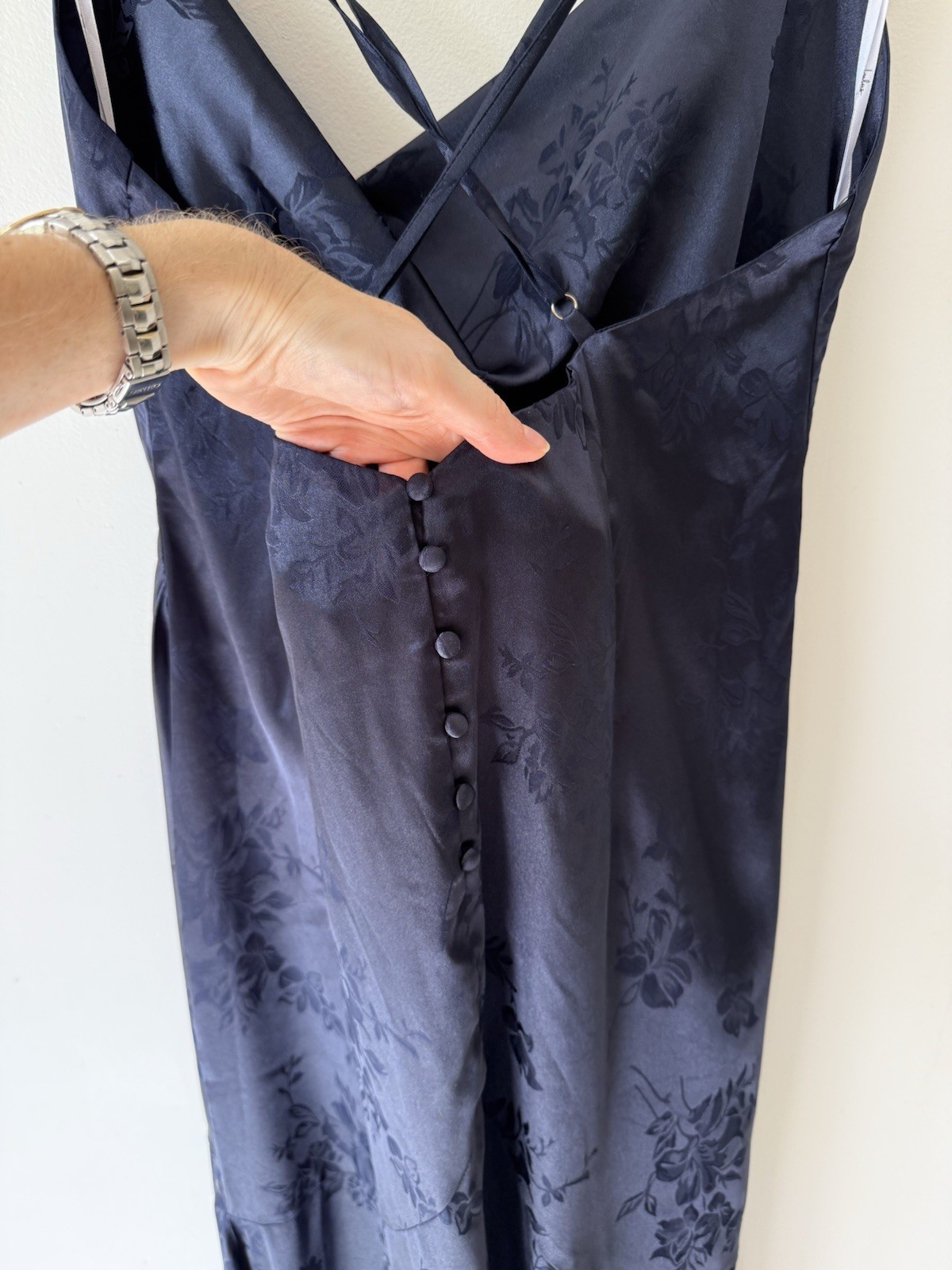 Lulus sweet endeavors navy floral jacquard maxi dress mermaid SZ XL cross straps