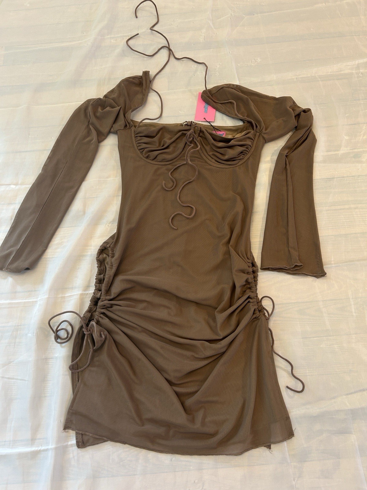 Edikted Brown Ruched Drawstring Mesh Bodycon Mini Dress Square Neck S Women