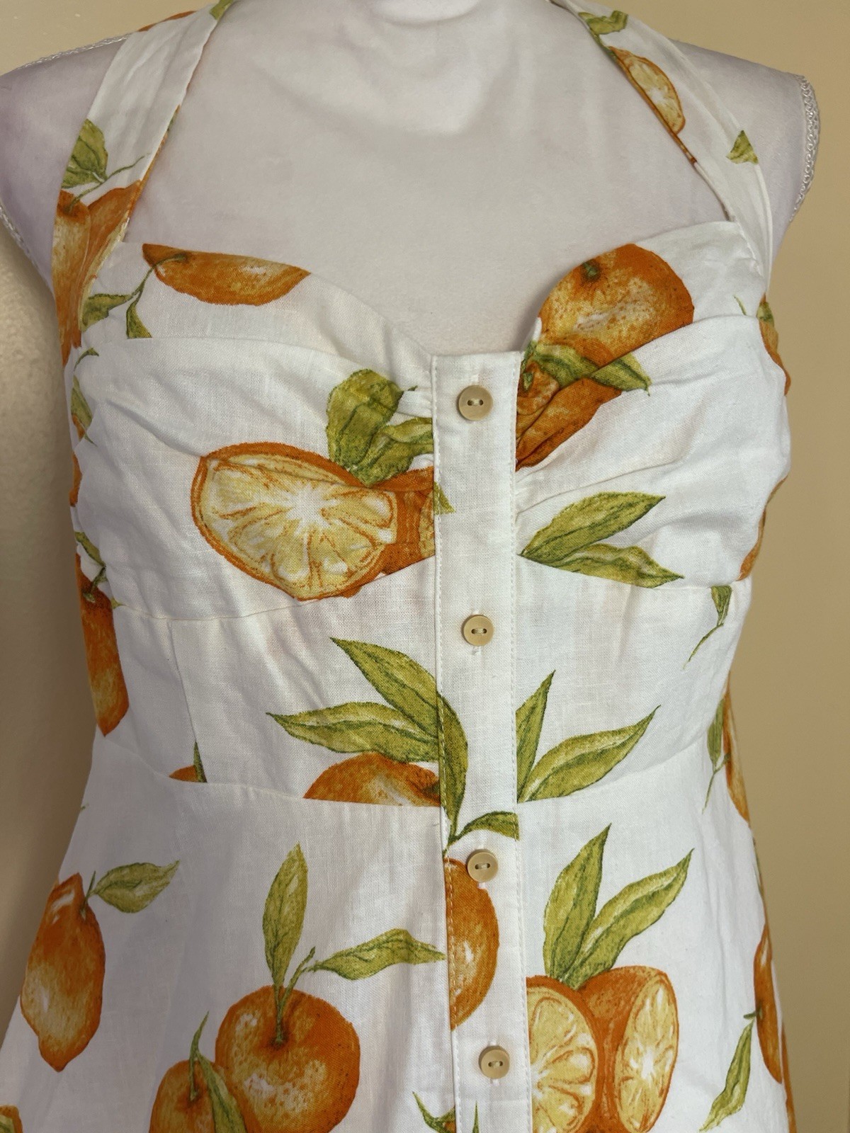 Zara Linen Blend Orange Citrus Print Halter Midi Dress Coastal Euro Summer M NWT
