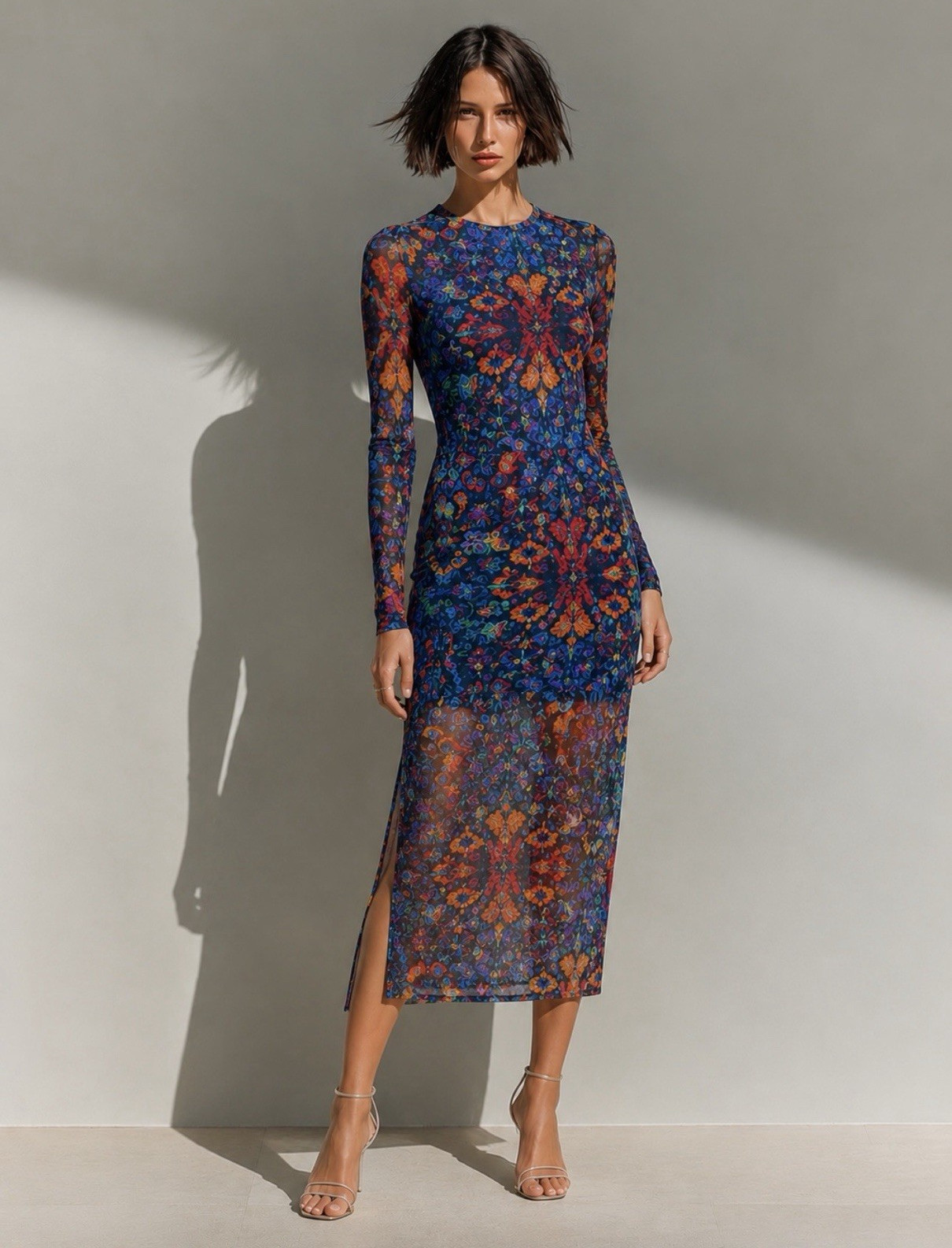 New🌺Johnny Was Tulus Floral Mesh Midi Dress Long Sleeve Sheer Lined Stretch XS