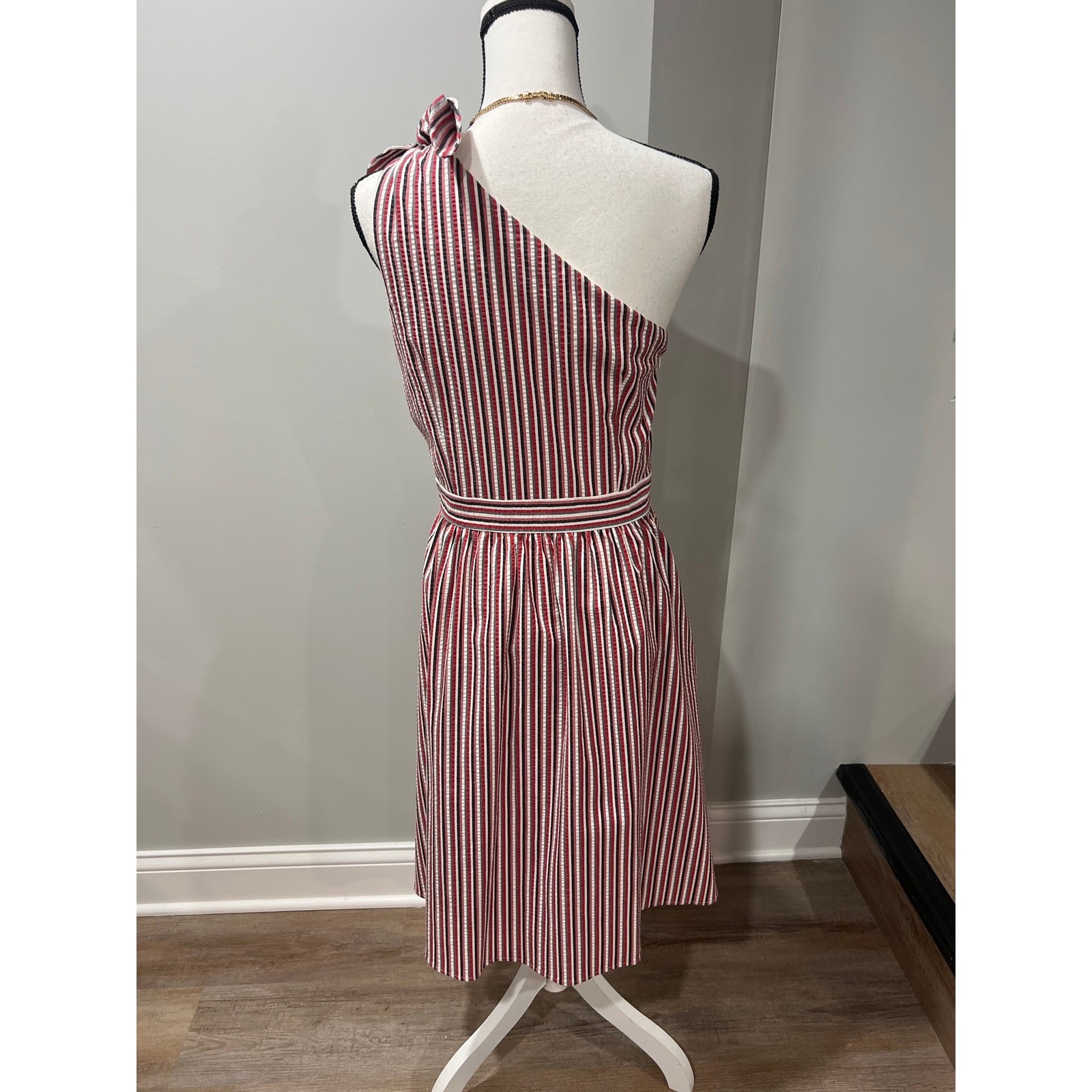 LOFT Outlet Size 8 One Shoulder Striped Bow Midi Dress Red White Navy