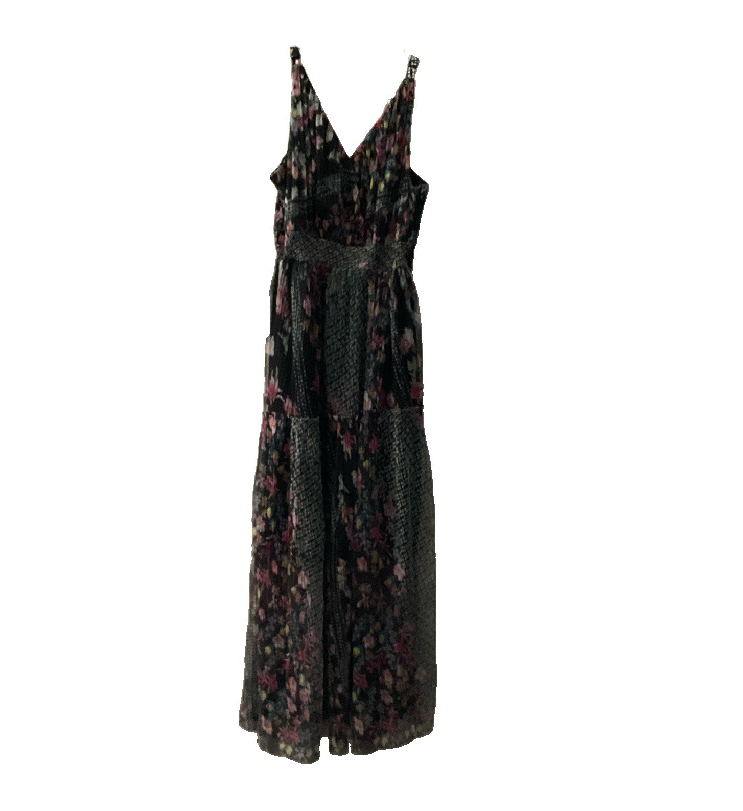 Lapis Women’s Black Floral Maxi Dress V-Neck Smocked Waist Spaghetti Strap L