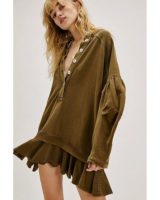 Free People Zander Mini Dress Seaweed Button Layered Ruffle Long Sleeve NEW S