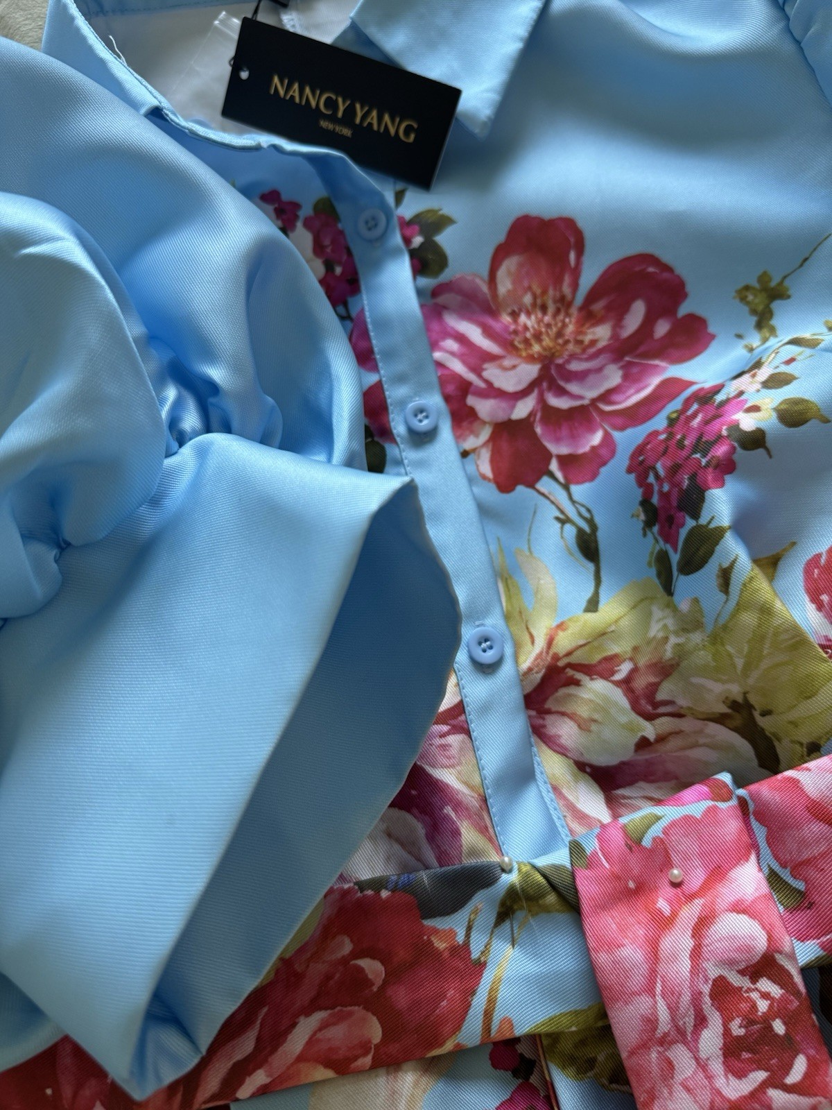 New🌺 Nancy Yang Sky Blue Satin Midi Dress Button Front Puff Sleeves Pockets L