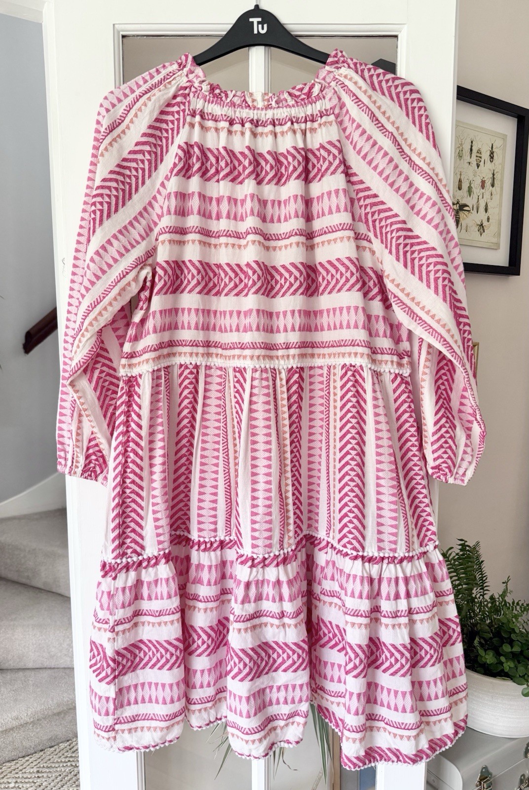 Next Pink Coral & Cream Ikat Print Smock Tie Neck Kaftan Dress Size XL UK 20-22