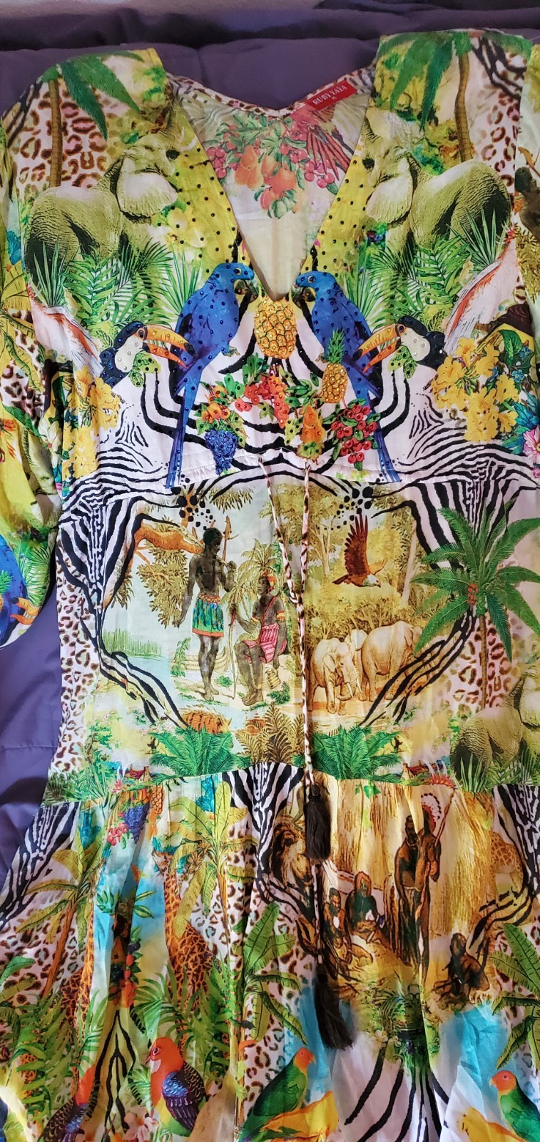 RUBY YAYA 3/4 Sleeve Toucan Vibrant Dress Size XL Unique Rhinestones Resort