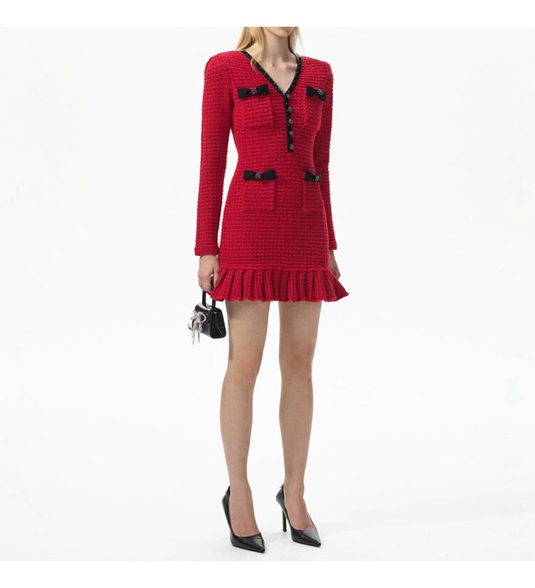 Self Portrait Women’s V-neck Knitted Ruffle Edge Dress