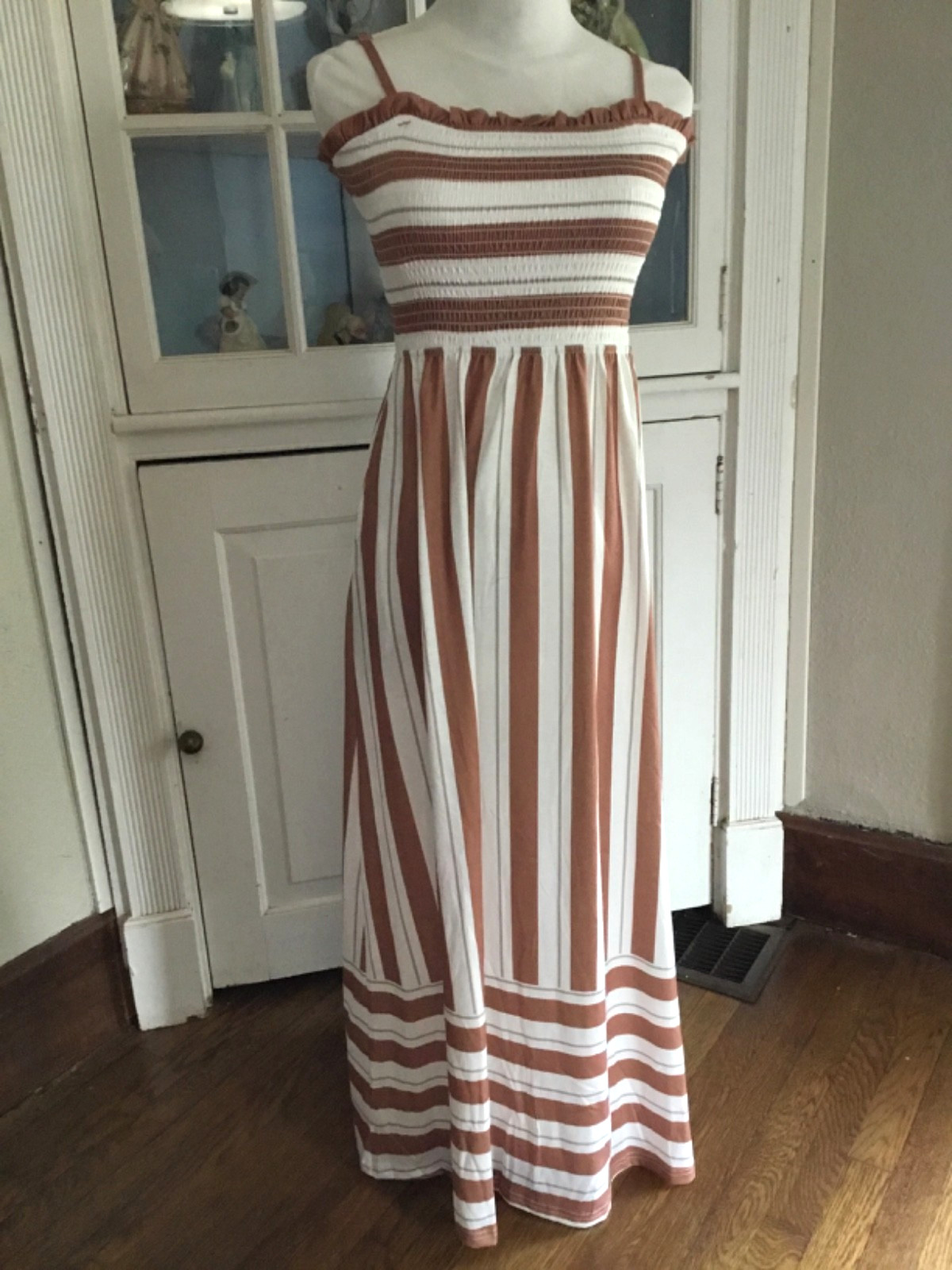 OFEEFAN Striped Adjustable Strap Pockets Smocked Stretch Long Maxi Sundress S