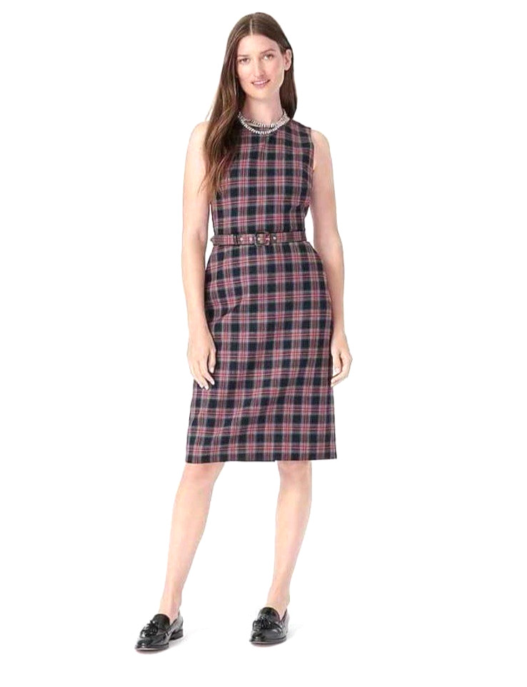 NWT J.CREW Belted Sheath Dress in Black Stewart Tartan SZ 0 Pockets $198 Festive